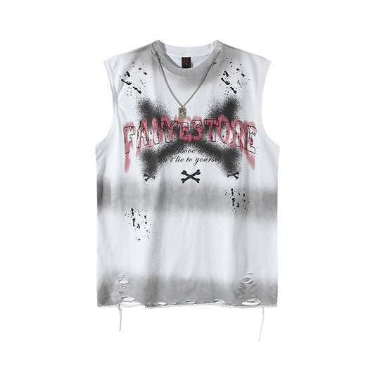 Tie-Dye Gradient Letter Sleeveless T-Shirt with Distressed Holes