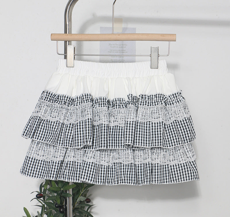 Lace Patchwork Plaid Skirt for Women