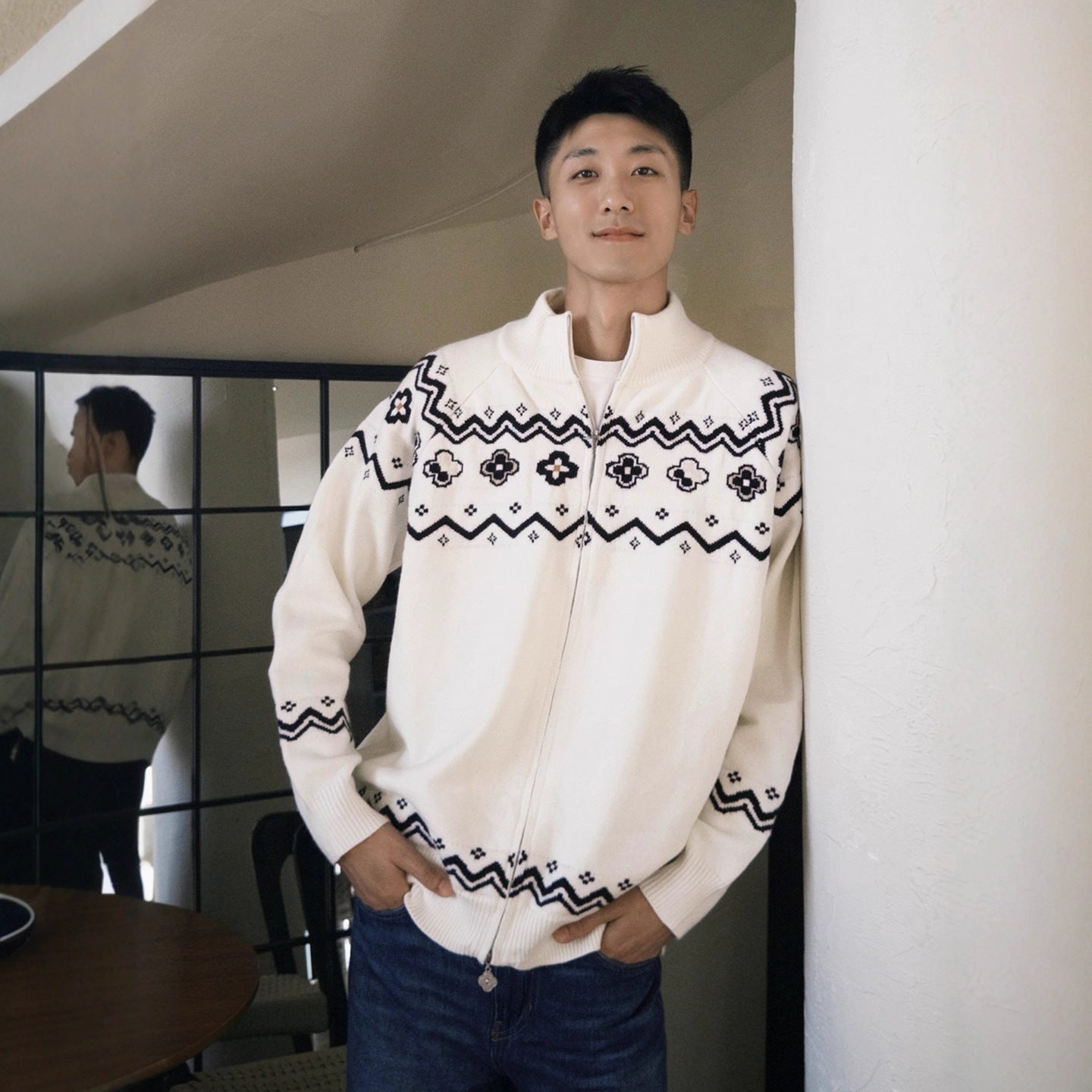 Fair Isle Floral Knit Cardigan for Men - Winter Ethnic Style Cozy Soft Knitwear Clean Fit Sweater Jacket