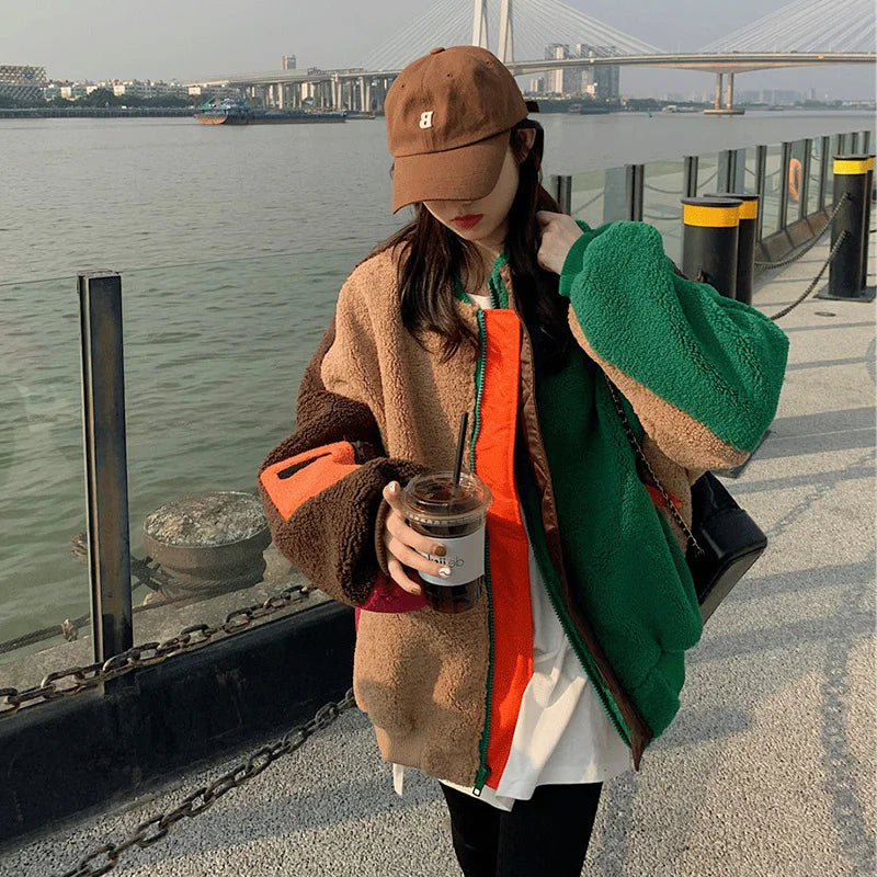Playful Color Block Plush Cardigan for Harajuku Style