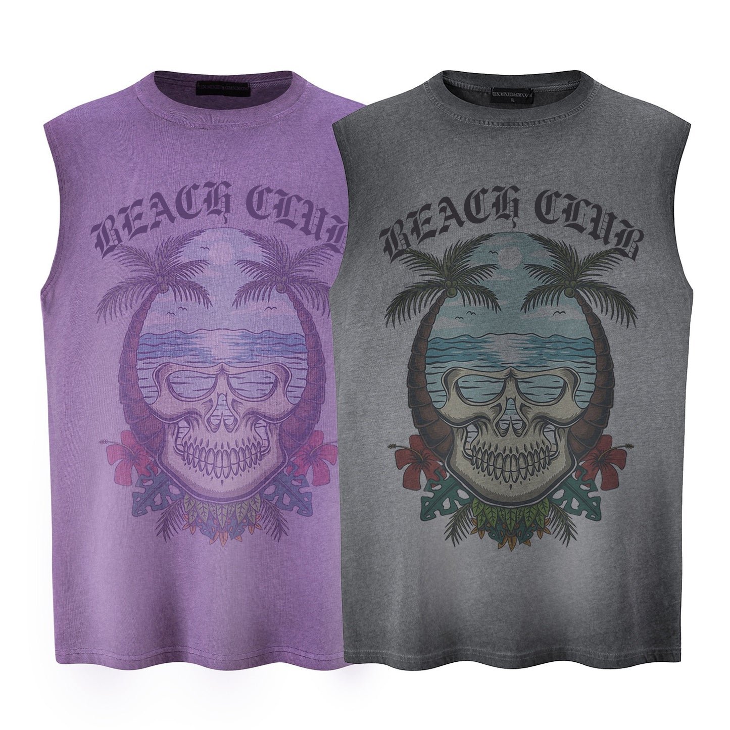 Beach Skeleton Printed Tank Top — Harajuku Style Loose Cotton Blend Tank (Purple, Grey)