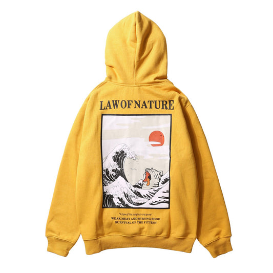 Funny Cat Wave Printed Fleece Hoodie - Harajuku Style
