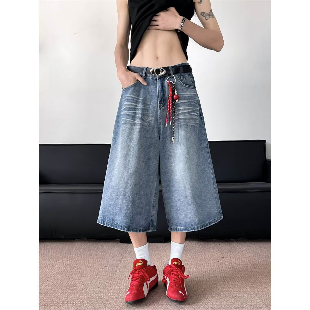 Grid Splicing Denim Wide Leg Shorts