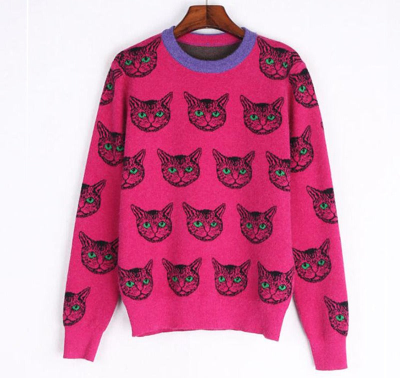 Cute Cat Round Neck Pullover Knitted Sweater for Women