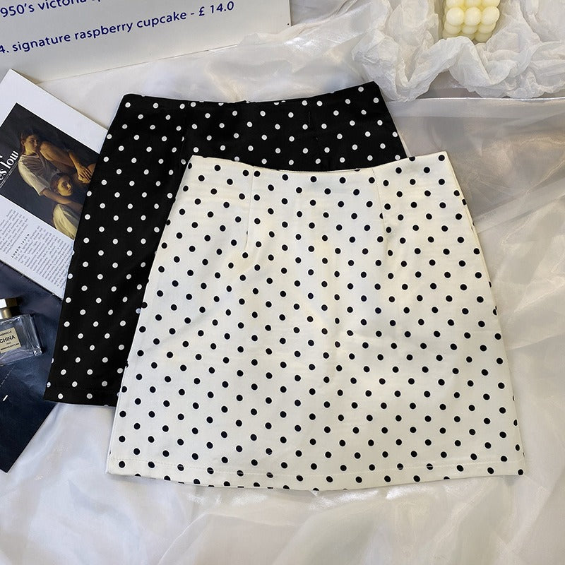 Polka Dot Half-Length Skirt, Feminine, Small Stature, High Waist, A-line Skirt