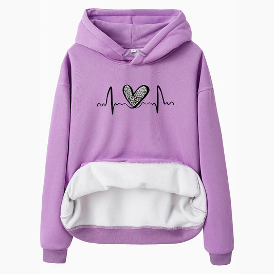 Pocket Hooded Long Sleeved Fleece Sweatshirt with Leopard Print Heart Design