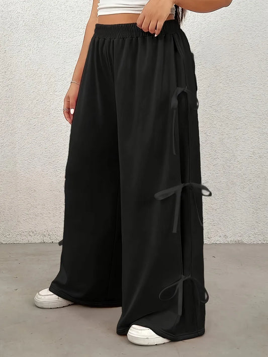 Plus Size Bow Elastic Waist Wide Leg Pants for Playful Style