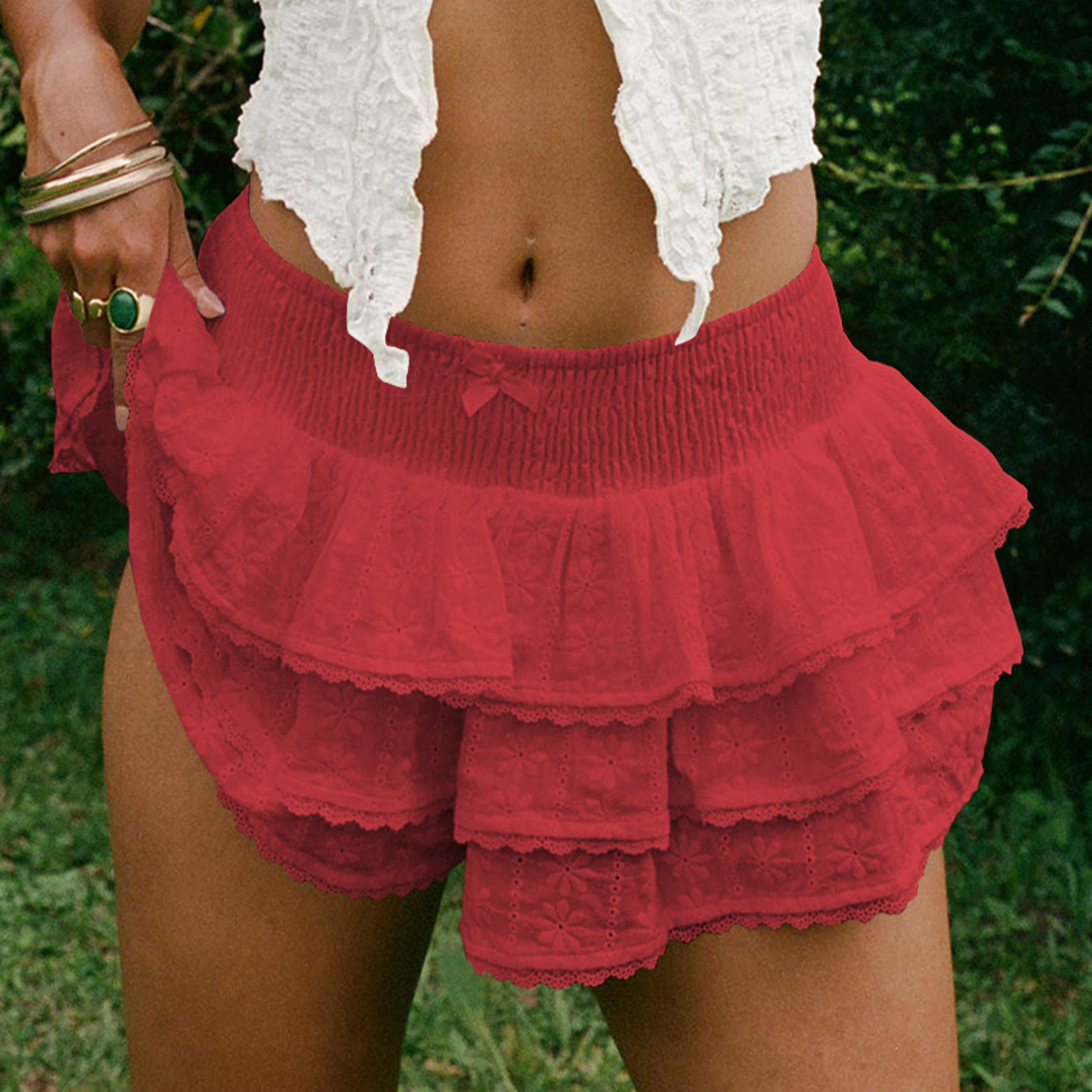 Playful Bow Lace Trim Tiered Skirt - Aesthetic Slimming Short Skirt