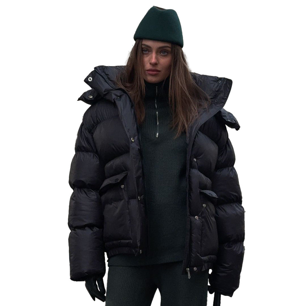 Warm Hooded Cotton Jacket for Women with Square Pocket