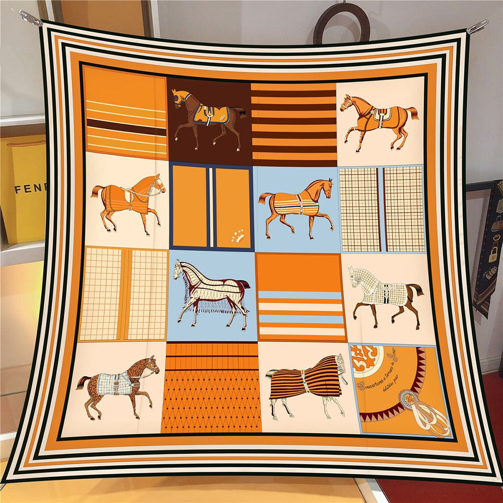 Colored Checkered Horse Silk Square Scarf - Versatile Shawl