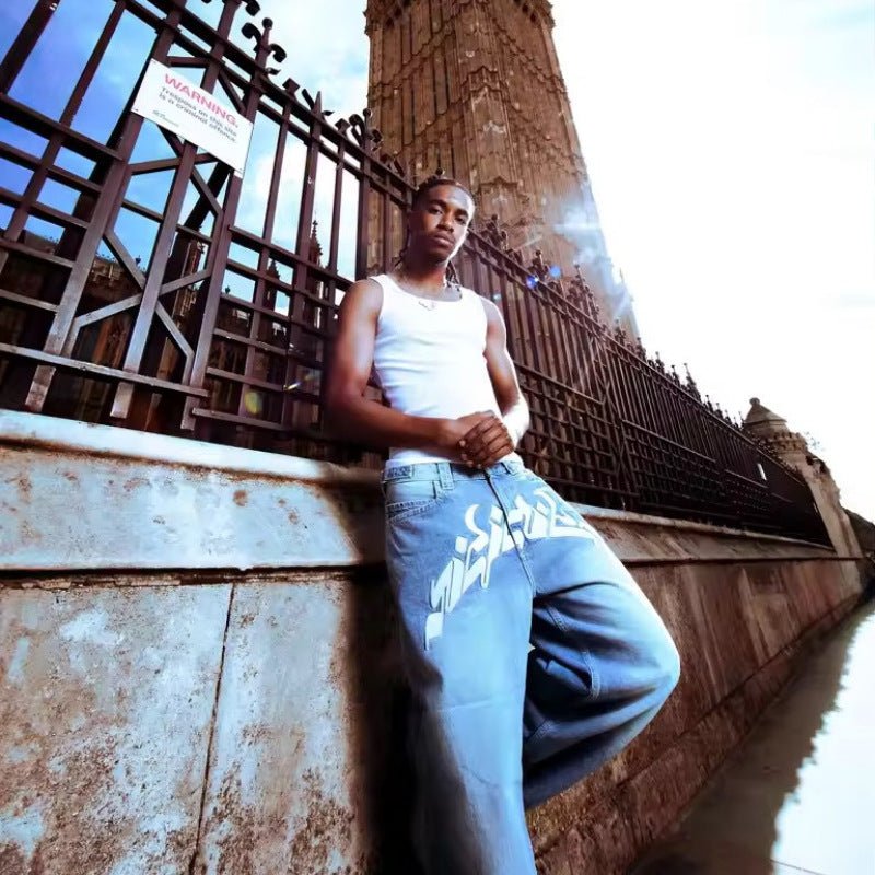 Playful Letter Printed Jeans for Men