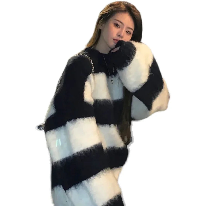 Women's Mohair Sweater - Fashion Striped Egirl Knit Top - Sexy Pullover - Harajuku Oversized Knit Sweater - Emo Nightclub Streetwear