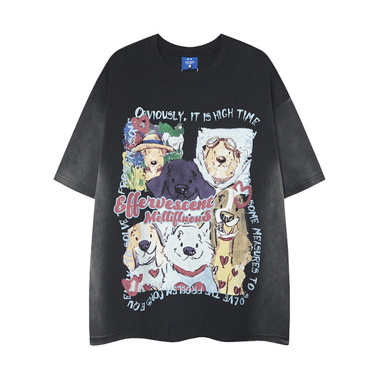 Playful Happy Dog Pattern Short Sleeve T-Shirt