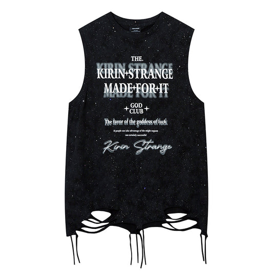 Streetwear Star-Printed Hem Distressed Sleeveless T-Shirt