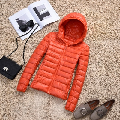 Ultra-Lightweight Slim Down Jacket for Women – Short Hooded Warm White Duck Down Coat