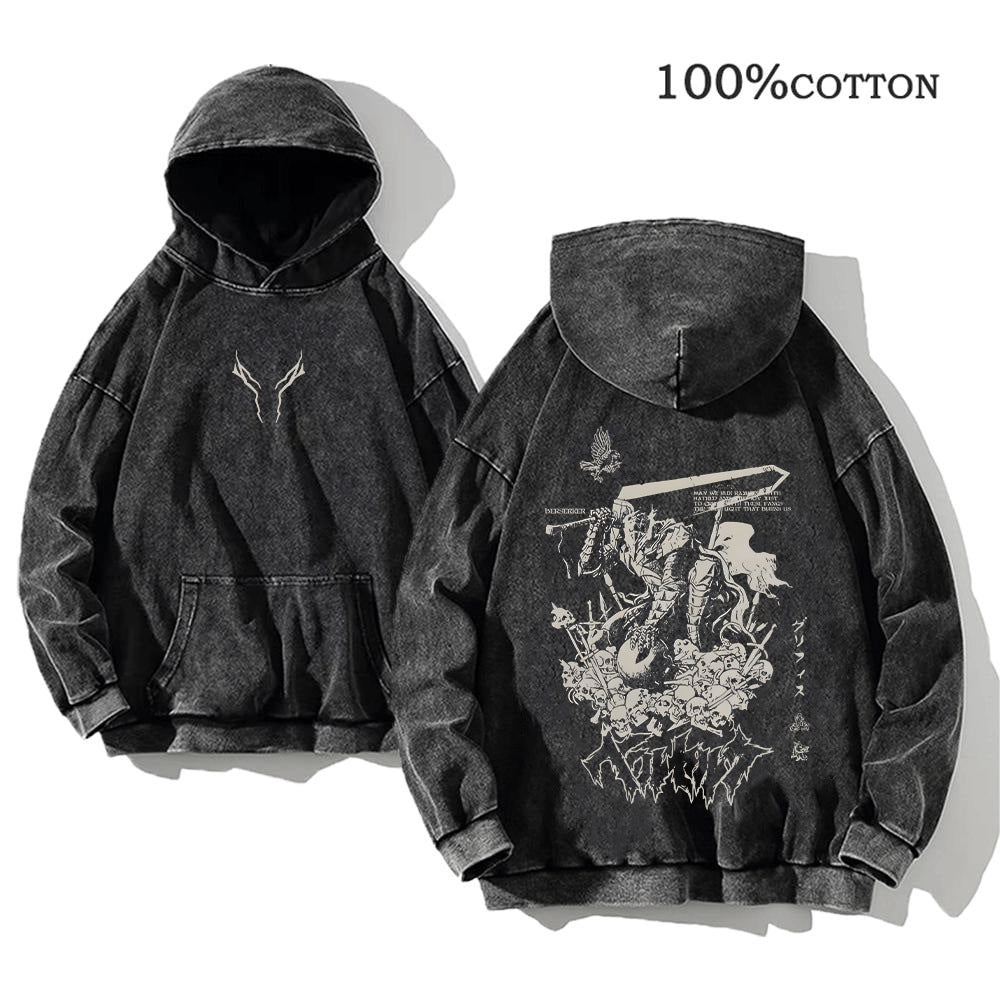 Printed Retro Clothing Cotton Hoodie Casual Washed Hooded Pullover