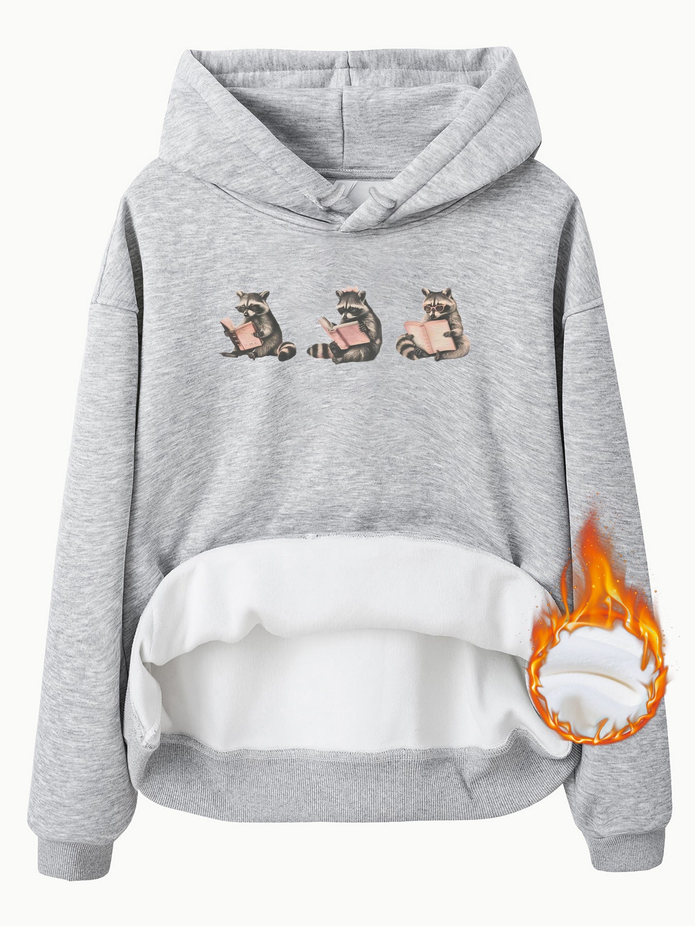 Hooded Long Sleeve Fleece Hoodie with Kangaroo Pocket and Raccoon Print