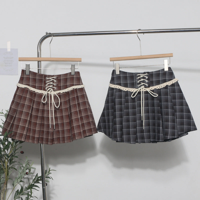 Checkered Midi Skirt with Women's Lace Edge Decoration and Lace-Up Detail, Pleated Short Skirt