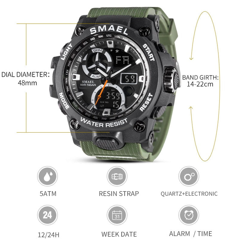 Men's 50M Waterproof Sport Watch - Dual Time Military Style