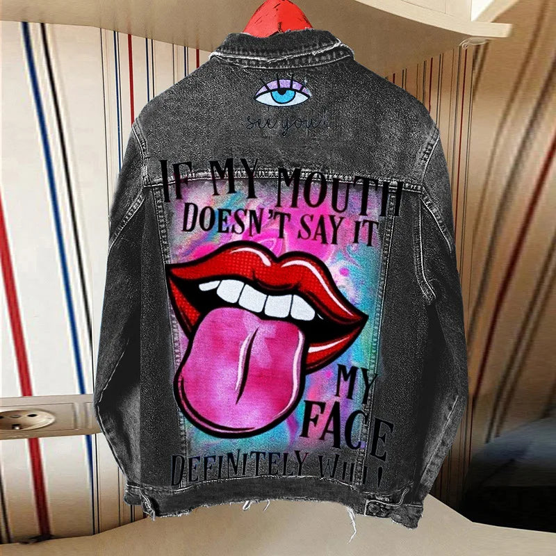 Playful Denim Jacket with Tongue Out Print
