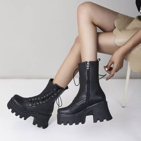 Lace-Up Chunky High-Heeled Platform Women's Short Boots