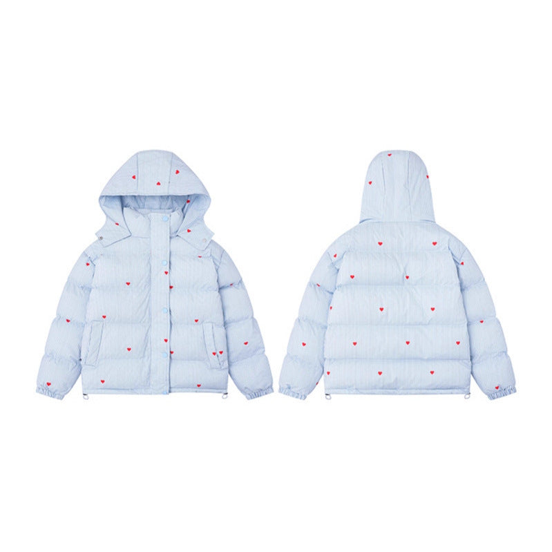 Milk Blue Bread Coat Stripe All-Over Heart Print Stand Collar Hooded Cotton Coat