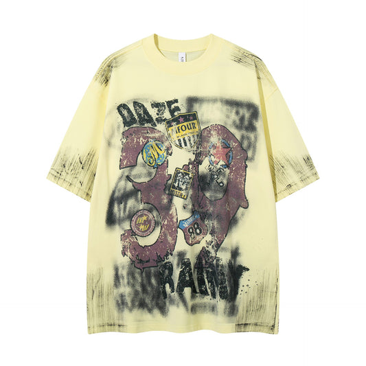 Harajuku Graffiti Badge Vintage Short Sleeve Tee — Fragmented Flowers Cotton Loose Fit