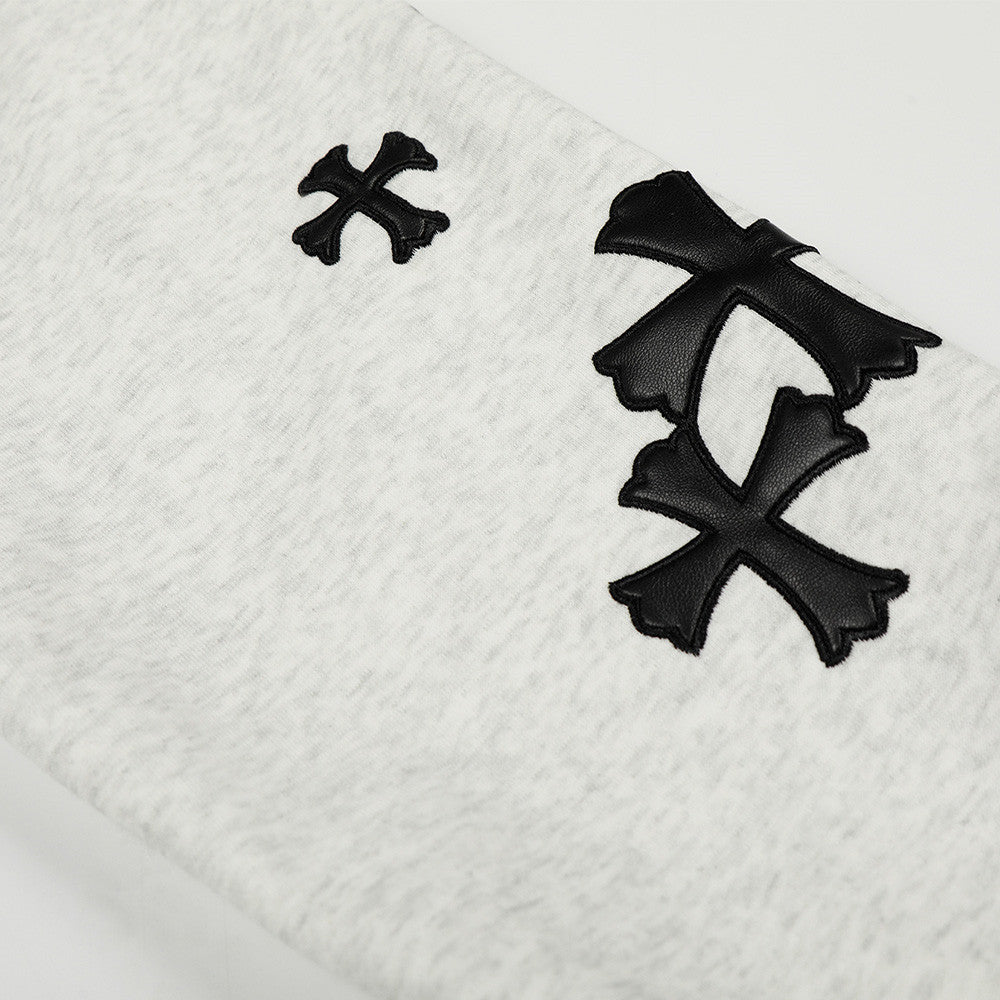Cross Leather Patches Embroidered Hoodie