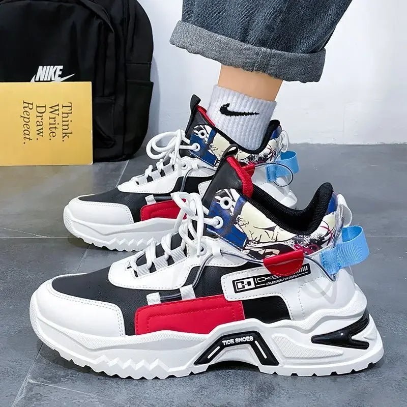 Men's High Top White Sports Shoes - Thick Sole & Stylish