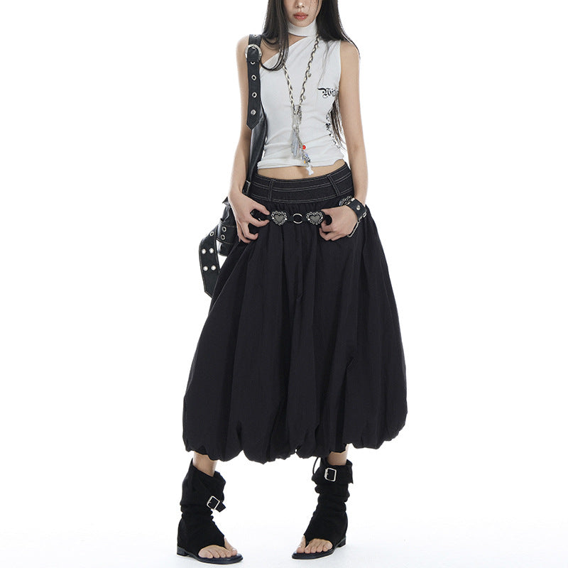 Women's Elastic High Waist Pleated Bubble Skirt A-line Loose Lantern Skirt