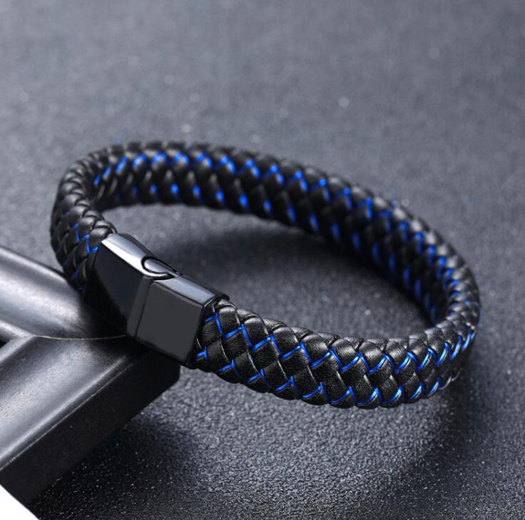 Harajuku Style Braided Black Blue Leather Bracelet for Men