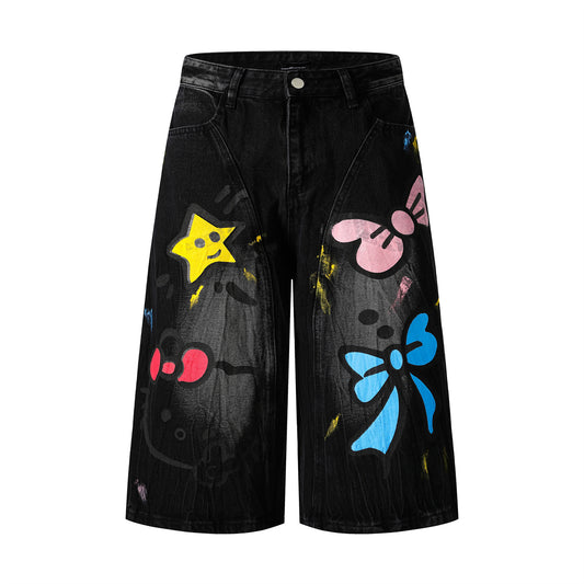Fun Hand-Painted TK Cat Denim Pants
