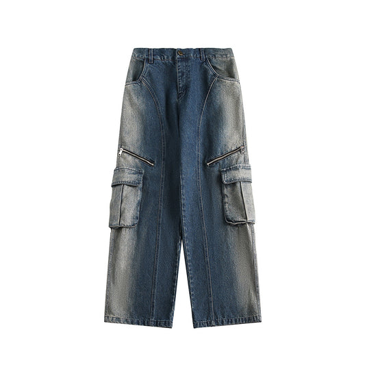 Washed Gradient Casual Jeans - Men's Loose Multi Pocket Work Pants