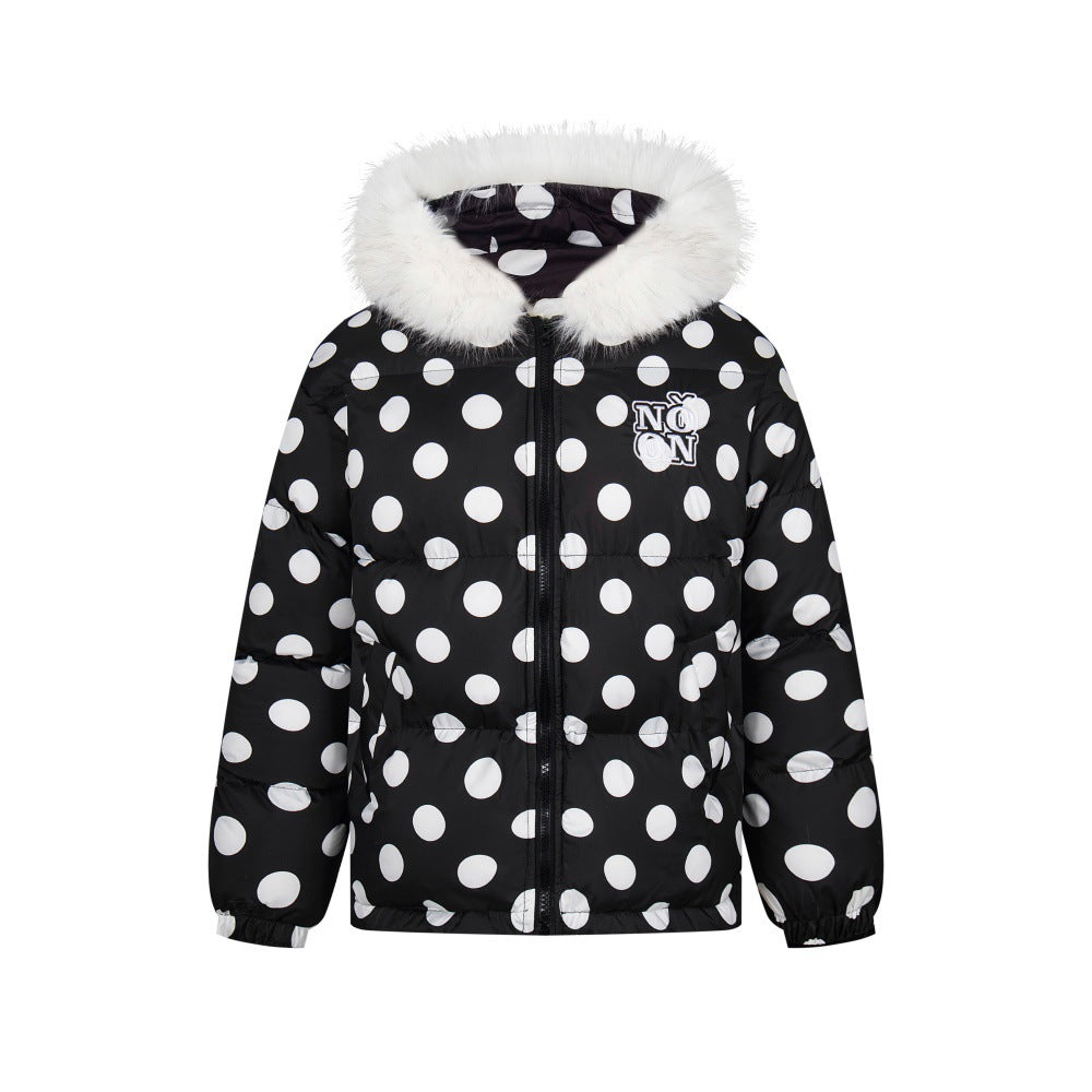 Full Printed Polka Dot Collar Hooded Cotton Jacket