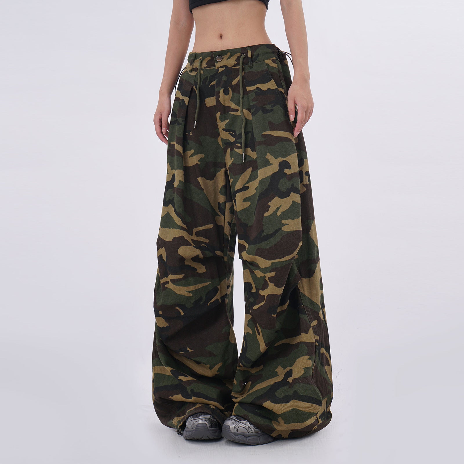 Harajuku Style Retro Camouflage Drawstring Paratrooper Pants for Women