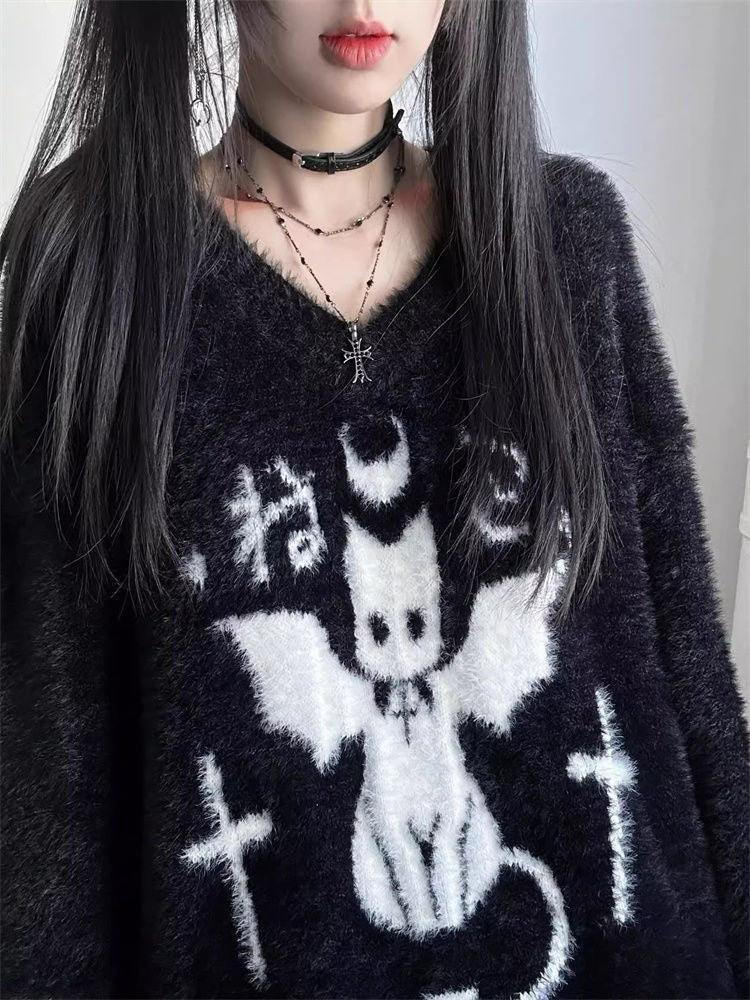 V-neck Loose Black Round Neck Sweater