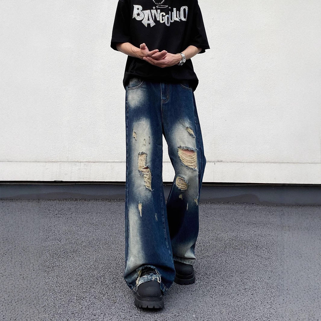 Ripped Blue Denim Loose Straight Pants - Harajuku Style