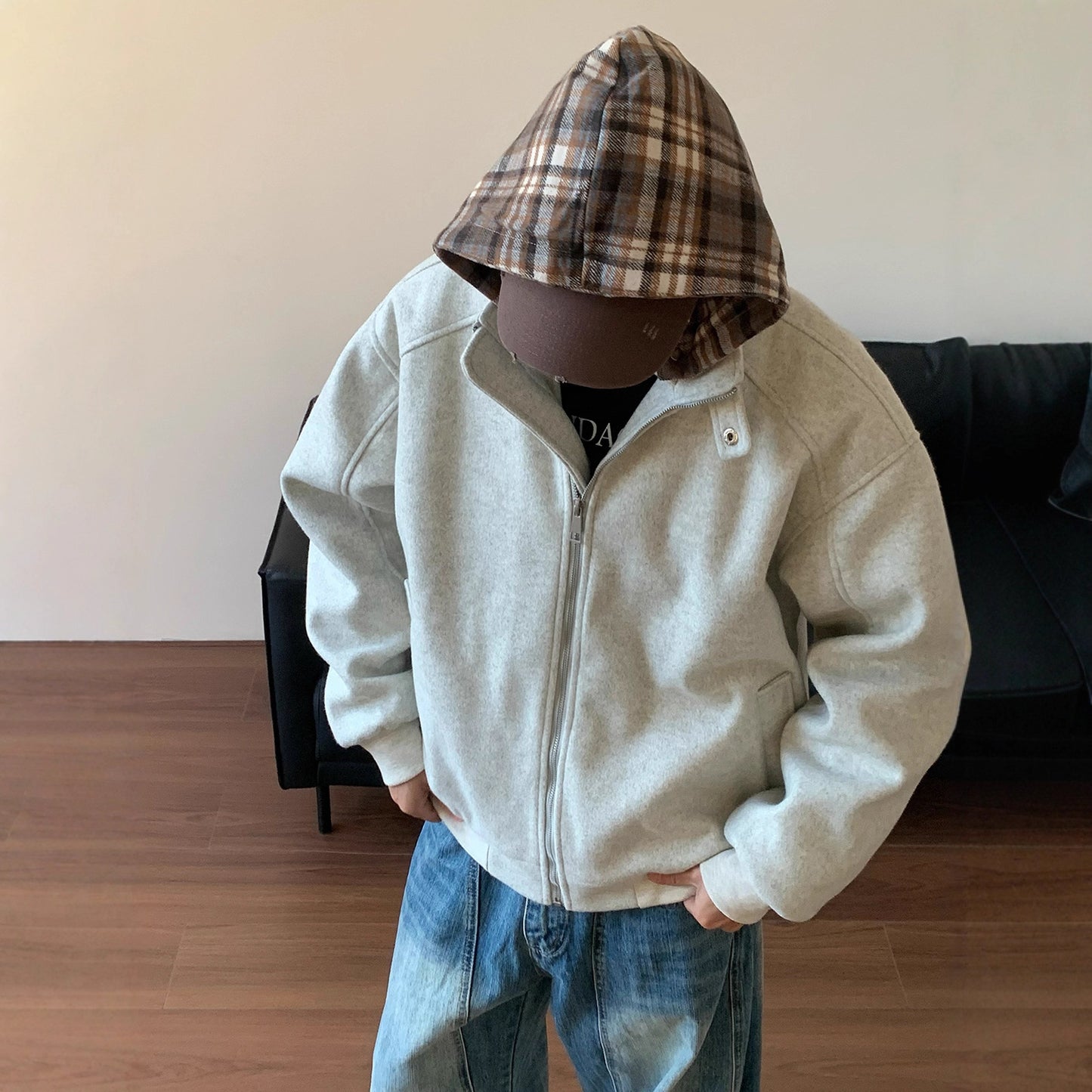 Plaid Faux Two-Piece Hooded Cotton Coat for Men and Women - Padded Loose Casual Wool Blend Jacket