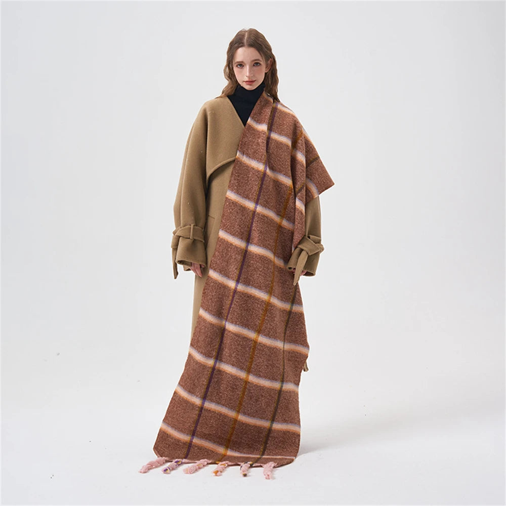 Dopamine Pink Plaid Knotted Tassel Scarf