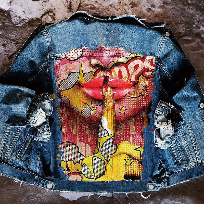 Playful Tongue Out Print Denim Jacket