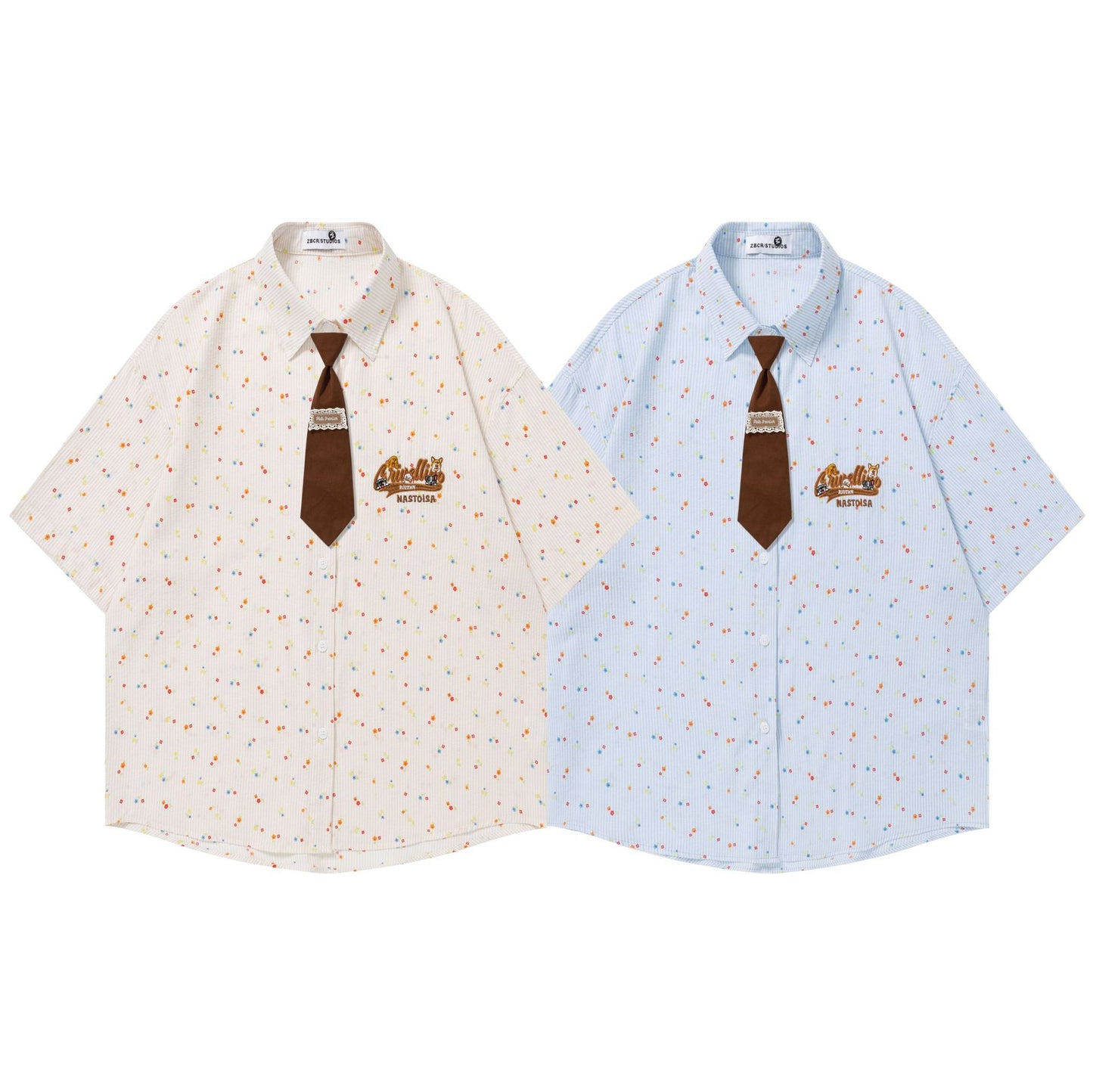 Embroidered Contrasting Tie Short-Sleeved Top — Harajuku Style Loose Fit