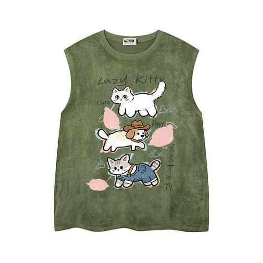 Stacked Cat & Dog Printed Vest — Harajuku Style Retro Deer Skin Velvet Vest