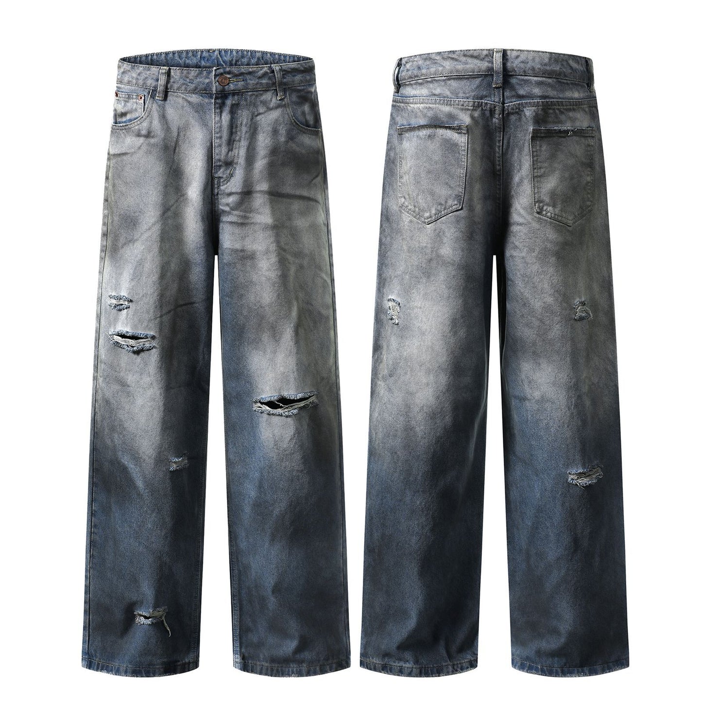 Washed Distressed Straight Leg Denim Pants