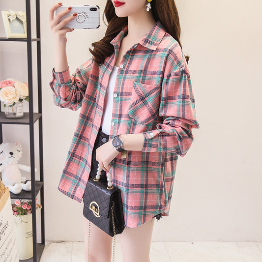 Cotton Plaid Shirt Women Loose Long Sleeve Vintage Hong Kong Style Charming Student Outerwear