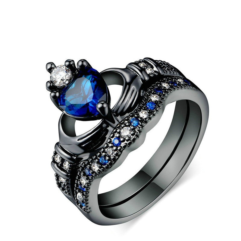Harajuku Charm Couple Ring Set - Stainless Steel with Blue Zircon