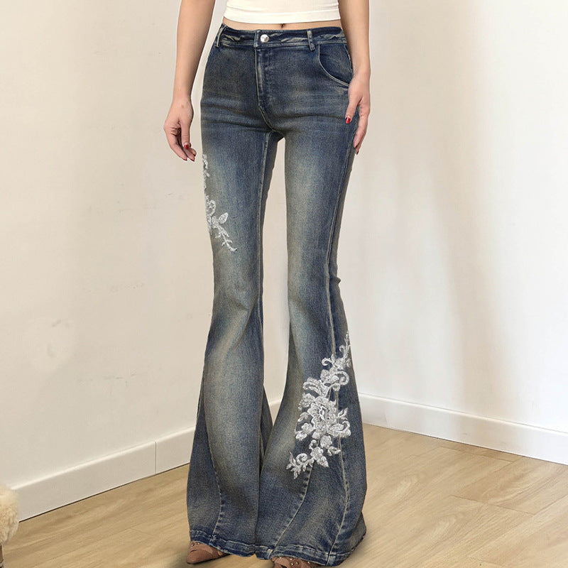 Floral Embroidery Low Waist Flare Jeans for Women
