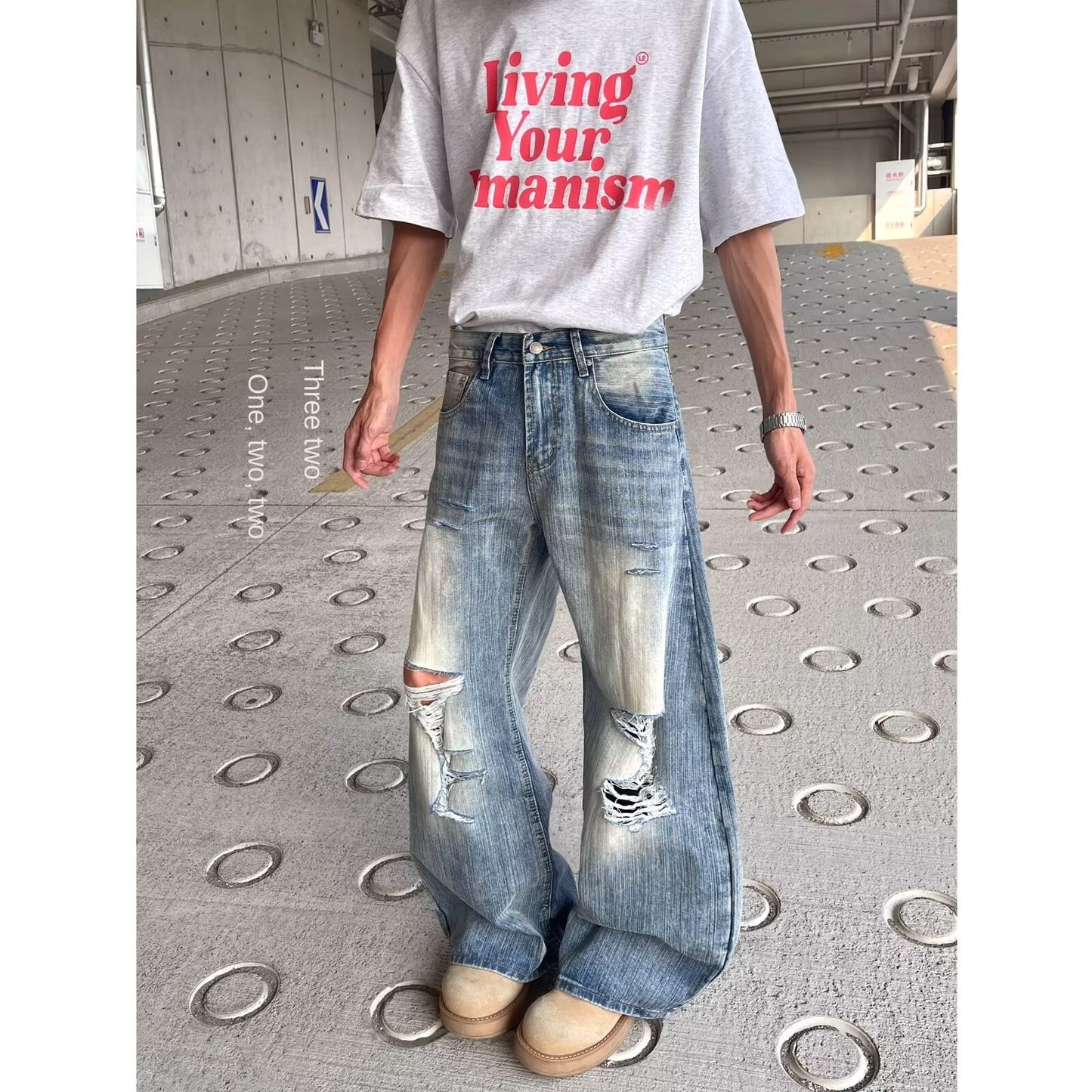 Playful Distressed Denim Wide Leg Pants