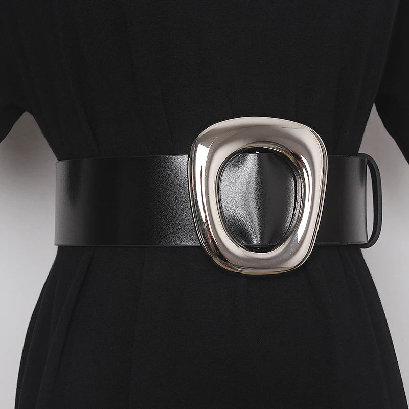 Luxury Wide Cowhide Waist Belt for Women - Black Adjustable Corset