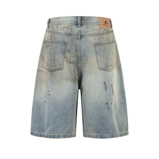 Washed Faded Splatter Hole Design Denim 7/8 Pants