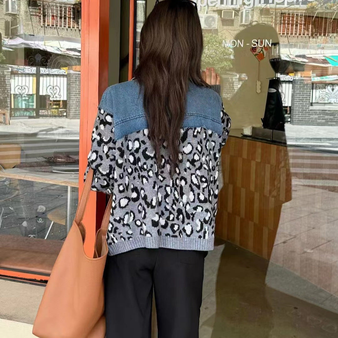 Retro Leopard Print Denim Patchwork Sweater Coat